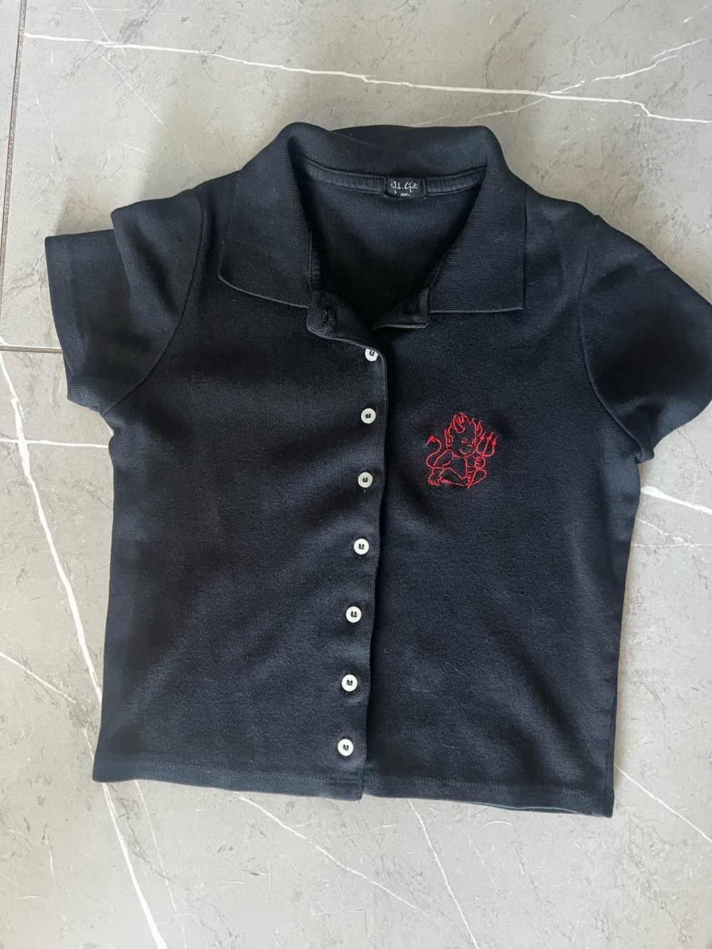 Brandy Melville Black Crop Button-Up Top with Red Embroidered Detail